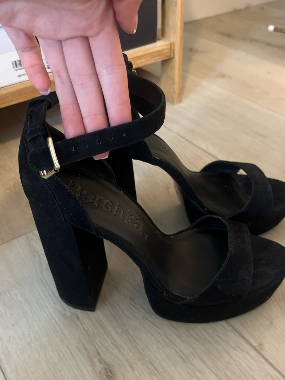 Bershka Black Suede Block Heel Platform Sandals with Ankle Strap